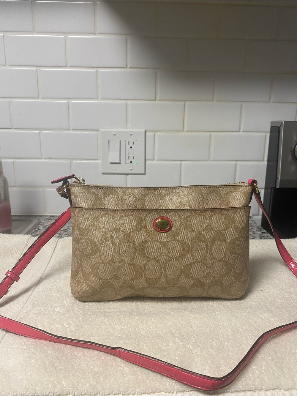 Coach Khaki Signature Crossbody with Pink Trim